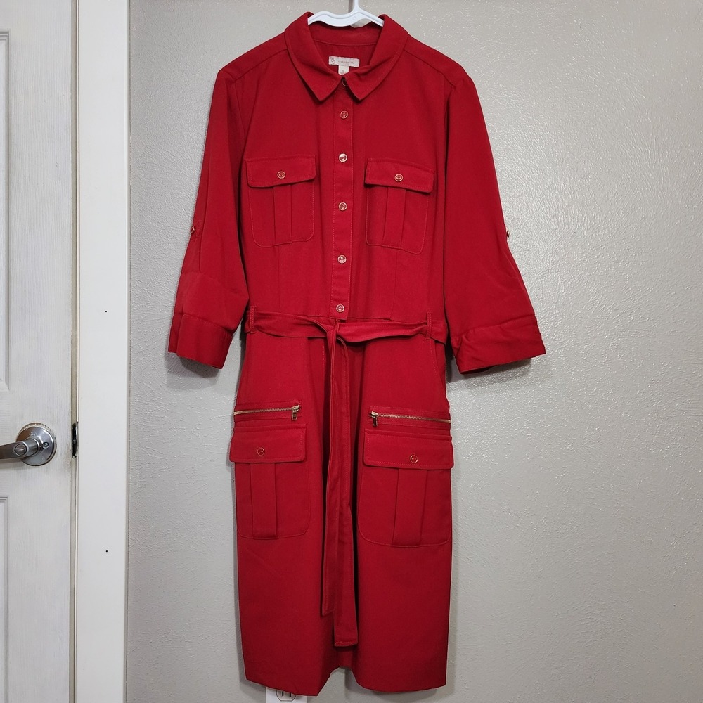 Dressbarn Utility Dress Size 14 Red Belted Cargo Shirt Dress Career Work
